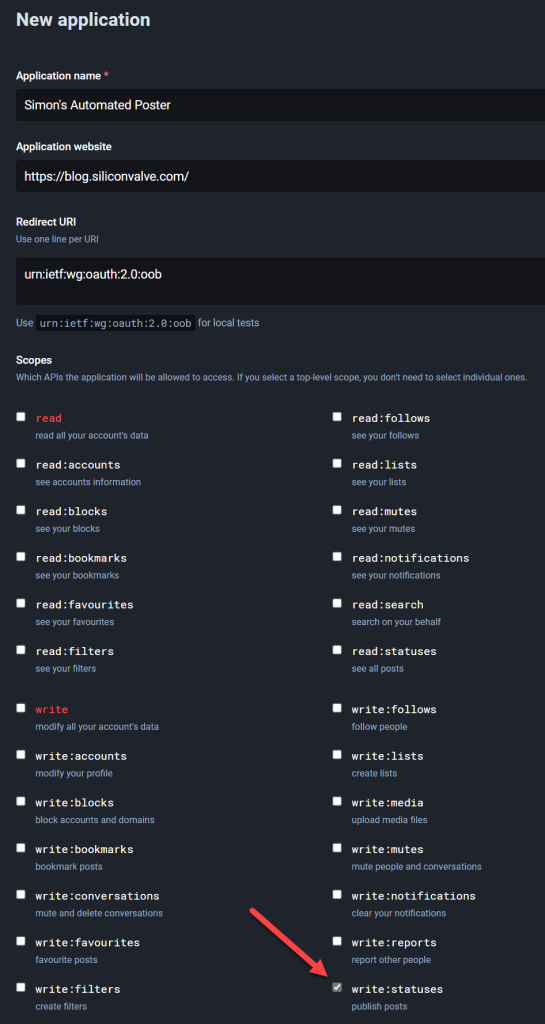 Mastodon application registration page with write:statuses scope selected.
